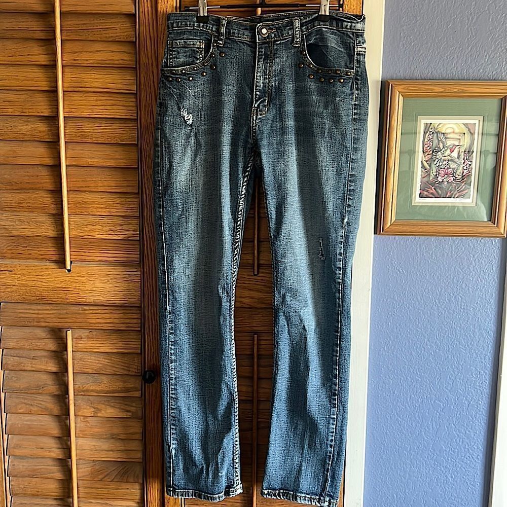 Studded Distressed Midrise Slim Skinny Rocker Firefly Jeans - Picture 2 of 16